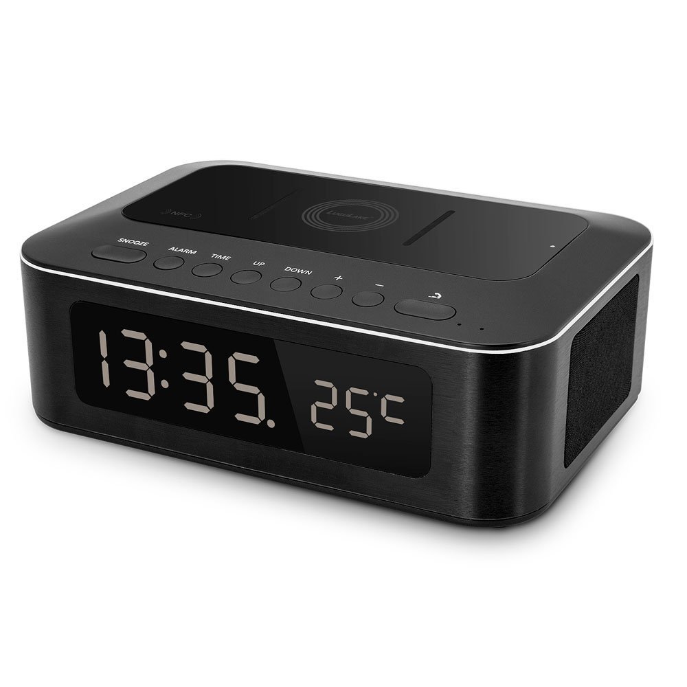 LuguLake Wireless Bluetooth Speaker and Alarm Clock with NFC, QI, Thermometer, Built-in Microphone and Large LCD Display