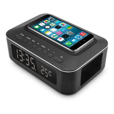 LuguLake Wireless Bluetooth Speaker and Alarm Clock with NFC, QI, Thermometer, Built-in Microphone and Large LCD Display